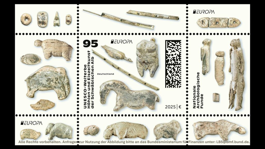 Special stamp Europe with a value of 95 cents. Inscription left: UNESCO World Heritage Caves and Ice Age Art of the Swabian Jura, Germany 2025 | €. The stamp and the 8 additional fields adjacent to the perforated edge of the actual stamp show Stone Age ivory carvings in the form of animals (e.g. mammoth, horse, lion) and humans (Venus, lion-man) as well as some flutes.