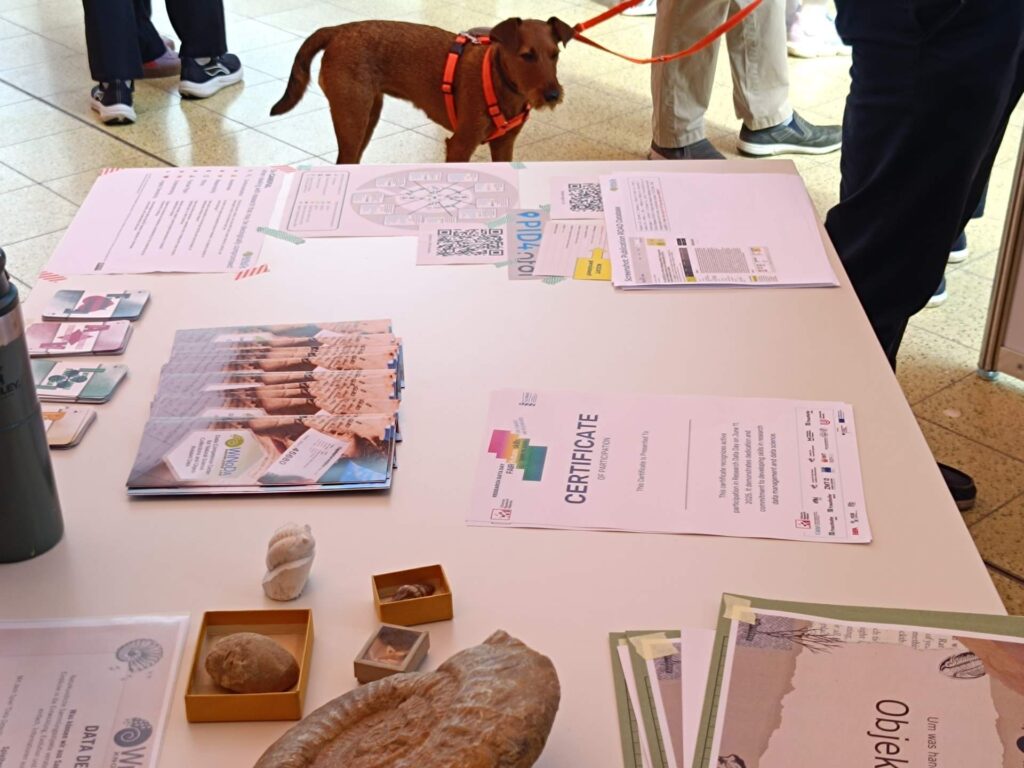 A pretty Irish terrier with a signal orange harness looks curiously at the papers and objects on display at the WiNoDa stand. It is a data sniffer dog (in training).