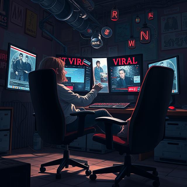 Picture of a young person sitting in a gaming chair in a dark room. The person is surprised by the content on the screen right in front of her. The screen shows a man and the word viral.