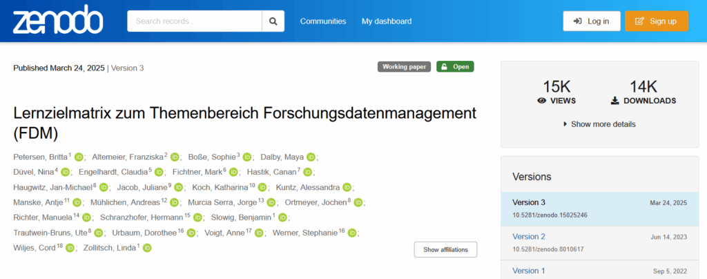 Screenshot der Zenodo-Seite für die "Lernzielmatrix zum Bereich Forschungsdatenmanagement (FDM), Version 3, publiziert am 24. März 2025. Neben Titel und Autorenliste wird angezeigt, dass die LZM bisher über 15K Views und über 14K Downloads hatte.