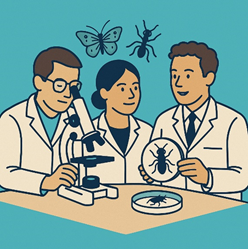 Quadratische Grafik in blau-grün mit drei Personen in weißen Kitteln, die um ein Mikroskop stehen und verschiedene Insekten untersuchen.