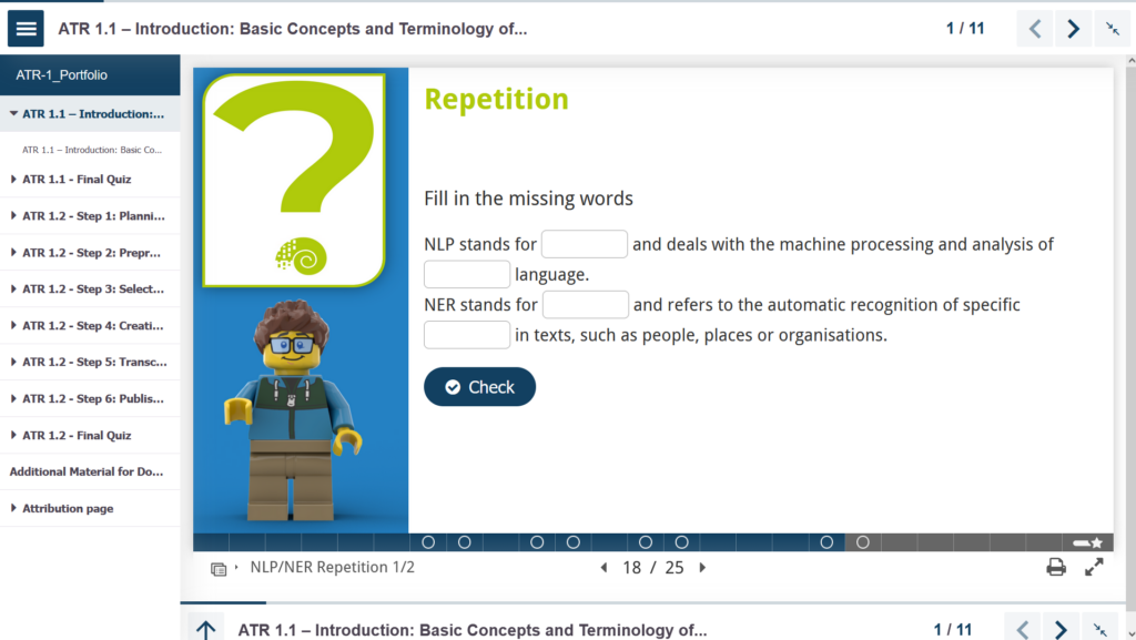 Screenshot einer Quiz-Seite in einem H5P-Portfolio, das für einen WiNoDa Selbstlernkurs erstellt wird.