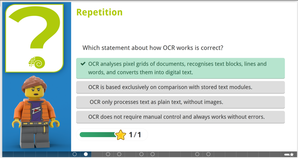 Screenshot of a WiNoDa course quiz page featuring an H5P multiple-choice activity. The correct answer is highlighted in green and marked with a green checkmark. At the bottom, a green bar ends with an asterisk and a message indicating that the user has answered 1 out of 1 questions correctly.