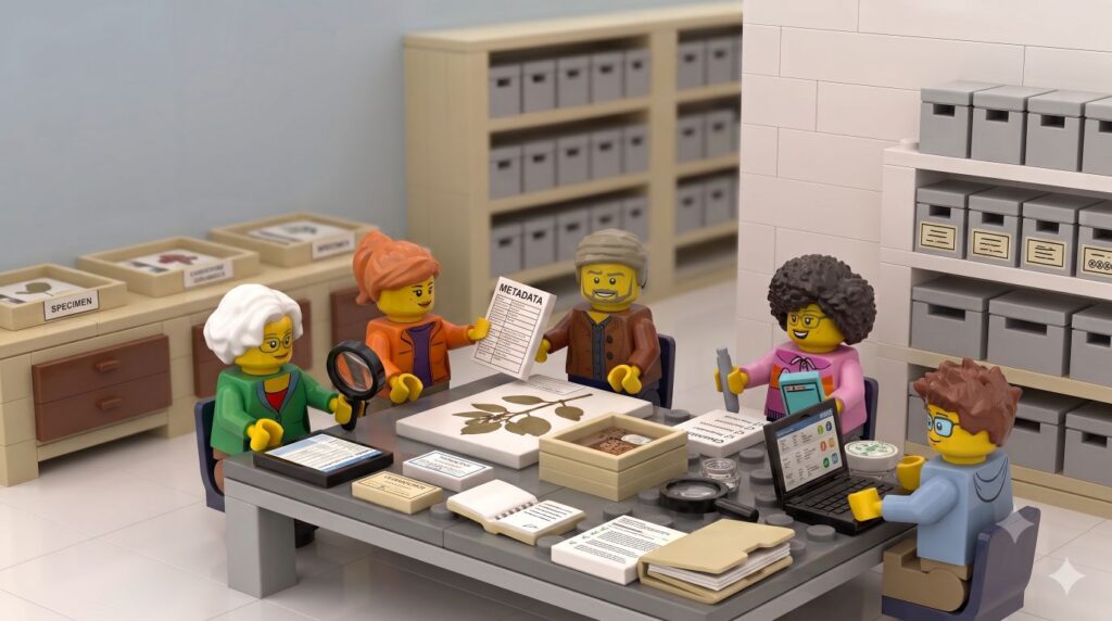 Susan, Anita, Kai, Winnie und Dave stehen im Museumsdepot um einen Tisch mit Exponaten, Akten und Literatur. Anita hält eine Liste mit Metadaten, Dave sitzt am Computer.