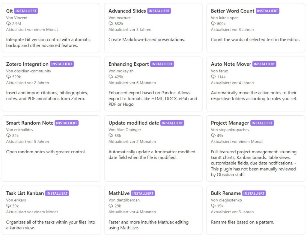 Screenshot meiner Obsidian Plugins, Stand August 2026