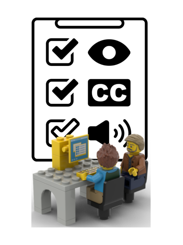 The WiNoDa personas Dave and Kai, depicted as brick figures at a desk, with an accessibility checklist behind them