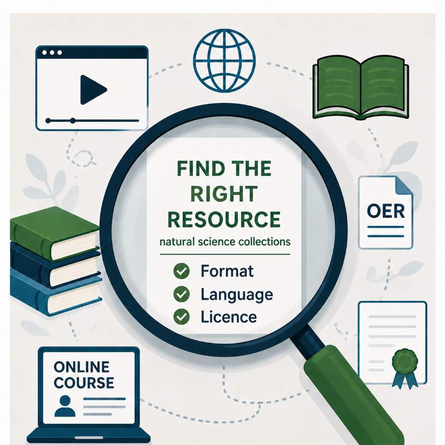 Eine Lupe rahmt den Text auf einer Checkliste: Find the right resource.