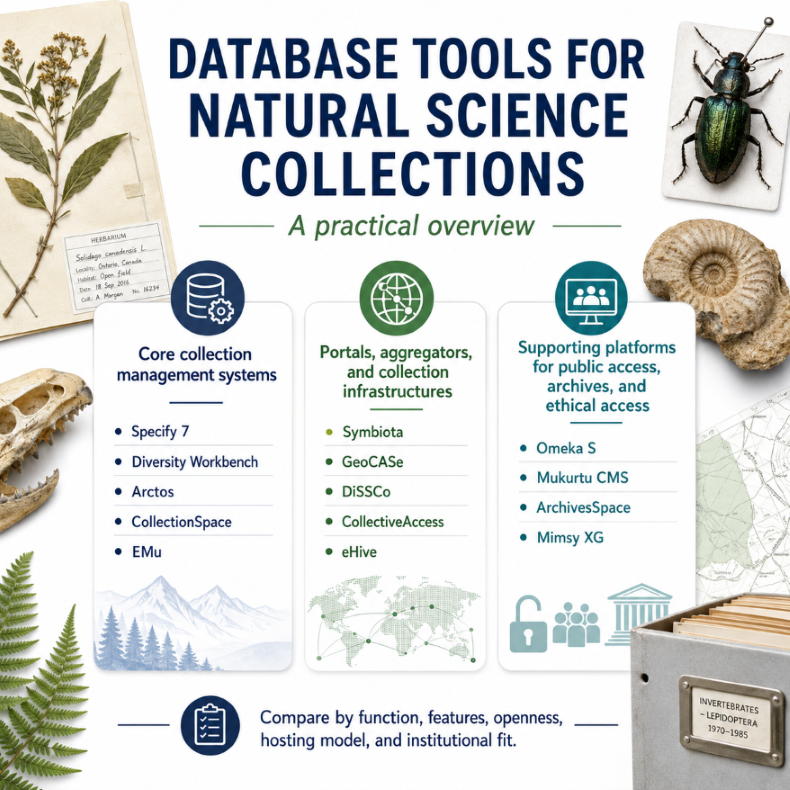 Social media sharepic: eine Posterwand beschriftet "Database tools for natural science collections"
